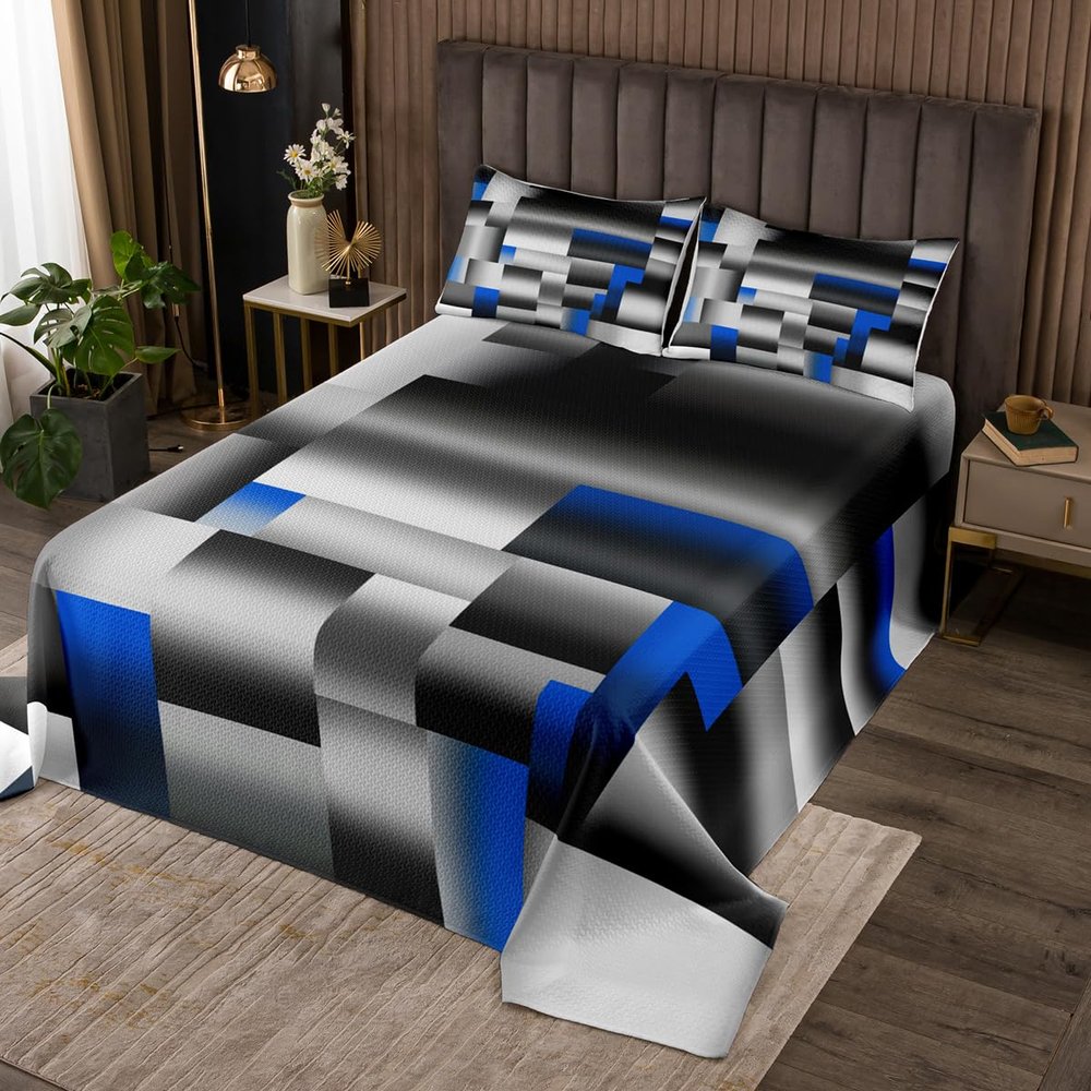jejeloiu Blue Gray Black Abstract Bedspread Queen Size Modern Geometric Art Coverlet Set Geometry Rectangle Room Decorative Quilted Coverlet Quilted Set 3Pcs Bedspreads Quilt