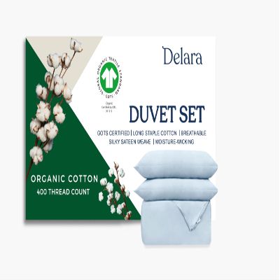 Delara GOTS Certified 100% Organic Cotton Duvet Cover Set 400TC, Long Staple Cotton, Ultra Soft, Silky, Moisture-Wicking, Smooth & Breathable, Duvet for Hot Sleepers with 8 Internal Ties