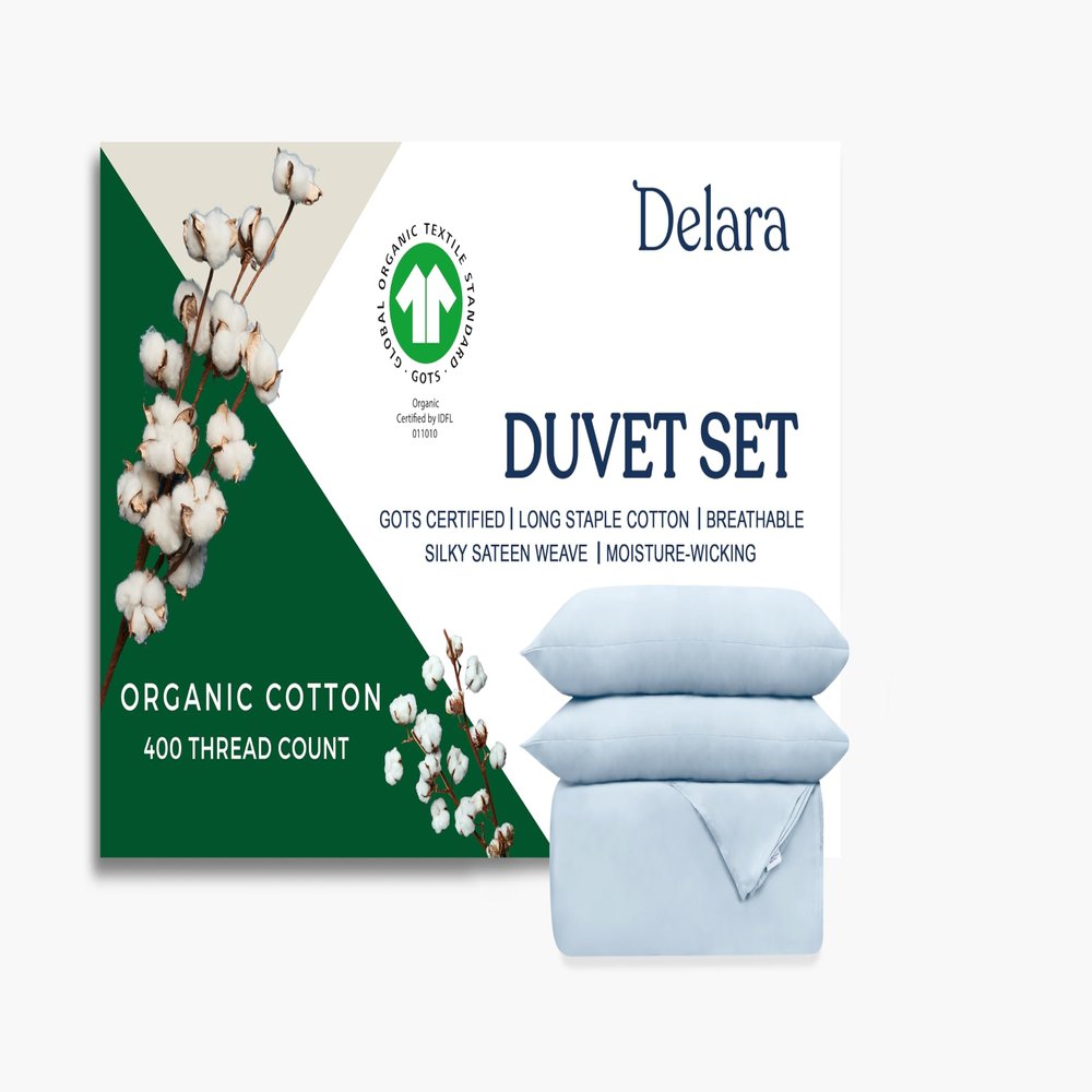 Delara GOTS Certified 100% Organic Cotton Duvet Cover Set 400TC, Long Staple Cotton, Ultra Soft, Silky, Moisture-Wicking, Smooth & Breathable, Duvet for Hot Sleepers with 8 Internal Ties