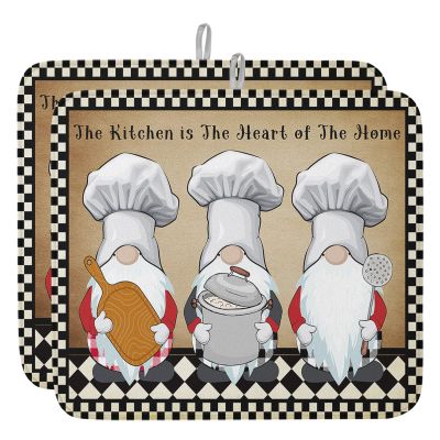 Farmhouse Chef Gnomes Dish Drying Mat for Kitchen Counter, Vintage Black White Plaid Absorbent Reversible Dish Drainer Rack Mats for Coffee Bar Mats 18''x24'' 2 PCS