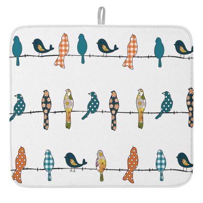 Orange Teal Plaid Dish Drying Mat for Kitchen Counter, Rustic Turquoise Spring Floral Birds Absorbent Reversible Dish Drainer Rack Mats for Coffee Bar Mats 18''x24'' 1 PCS