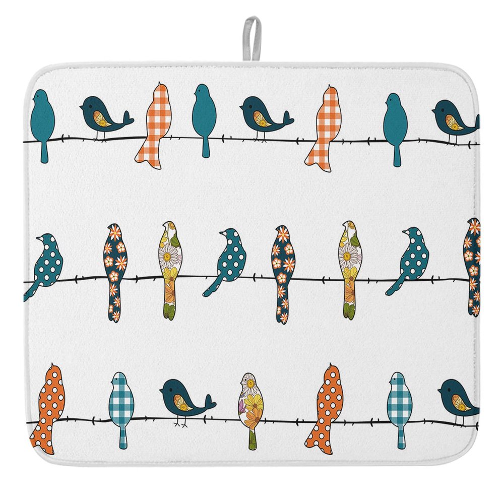 Orange Teal Plaid Dish Drying Mat for Kitchen Counter, Rustic Turquoise Spring Floral Birds Absorbent Reversible Dish Drainer Rack Mats for Coffee Bar Mats 18''x24'' 1 PCS