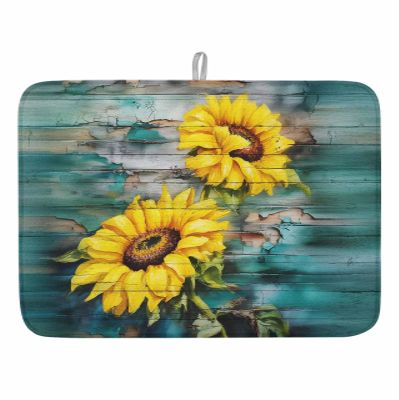 Sunflowers Dish Drying Mat for Kitchen Counter, Watercolor Spring Floral Teal Brown Vintage Wood Absorbent Reversible Dish Drainer Rack Mats for Coffee Bar Mats 16''x18'' 1 PCS