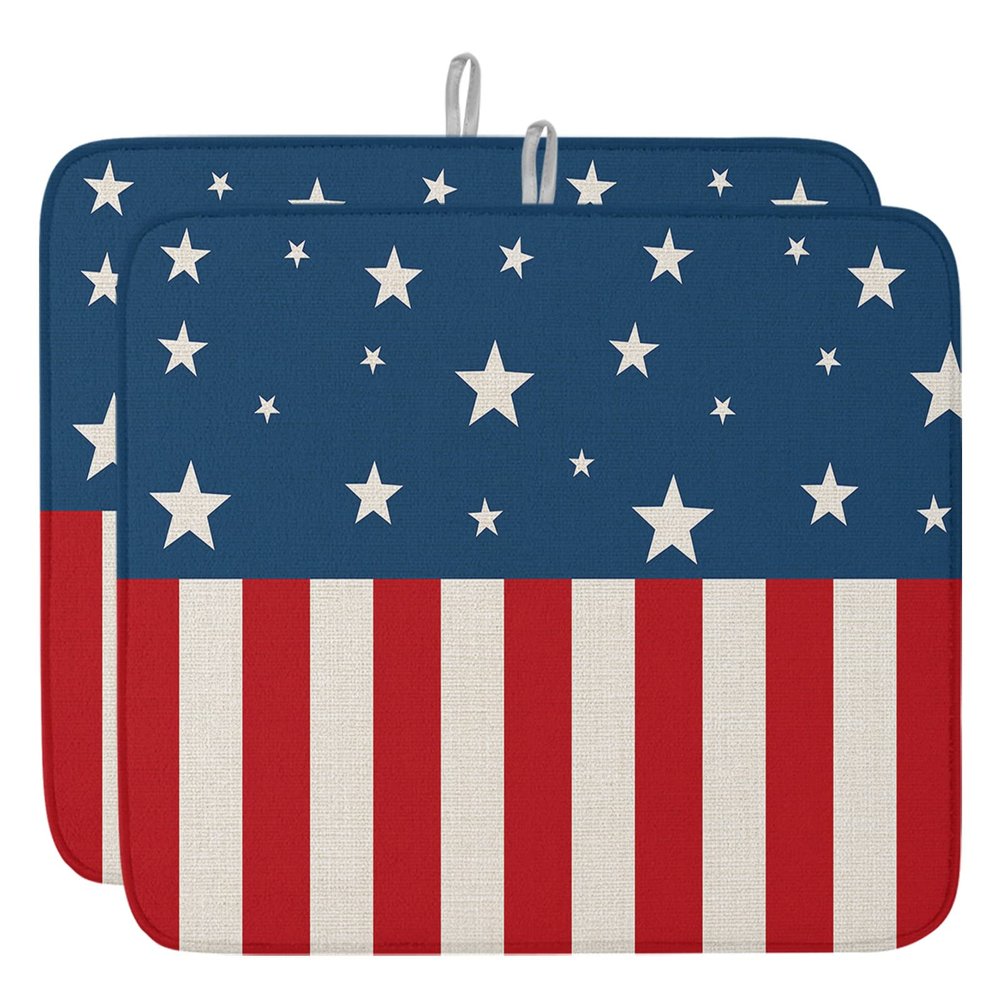 4th of July Dish Drying Mat for Kitchen Counter, Linen Texture Patriot Independence Day Absorbent Reversible Dish Drainer Rack Mats for Coffee Bar Mats 18''x24'' 2 PCS