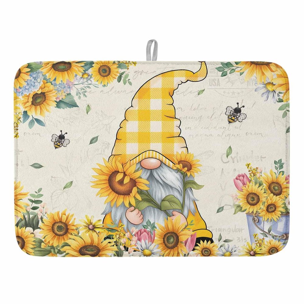 Sunflower Gnomes Dish Drying Mat for Kitchen Counter, Spring Farm Bee Blooming Floral Absorbent Reversible Dish Drainer Rack Mats for Coffee Bar Mats 16''x18'' 1 PCS