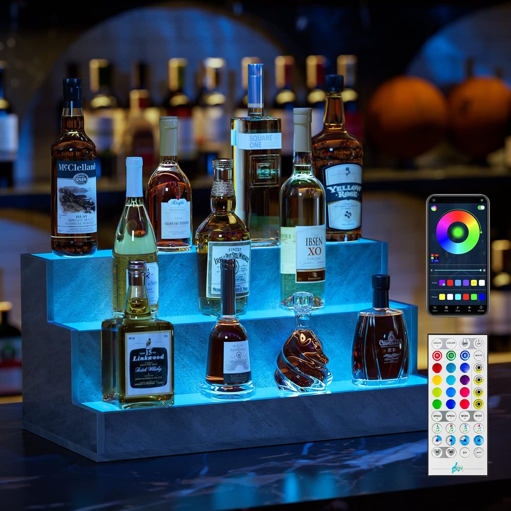 Cubehom LED Lighted Liquor Bottle Display Shelf, 24 Inch Bar Display Shelf, DIY Illuminated Bottle Shelf App & Remote Control, 3 Step Freestanding Holding Bottles Home Bar, Party, Grey JCFA20-1