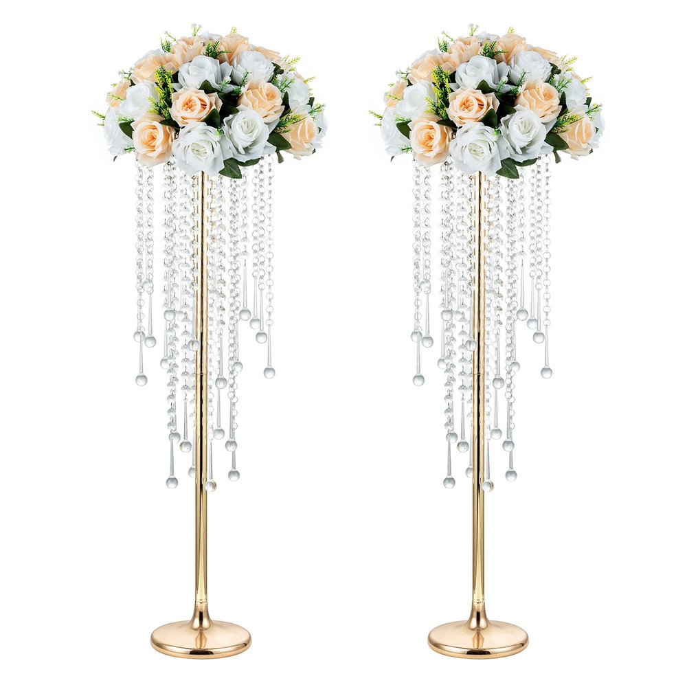 NUPTIO Gold Vase Wedding Centerpieces: 2 Pcs 29.5in Tall Crystal Flower Stand for Tables Elegant Metal Flowers Arrangement Vases for Weddings Birthday Party Anniversary Reception Home Decorations