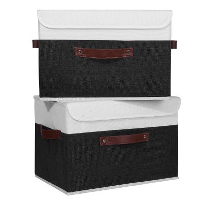 ANMINY 2PCS Storage Boxes with Lid Washable Decorative Storage Bins Basket with PU Leather Handle Foldable Linen Fabric Storage Cubes Containers for Home Closet Organizer - Black White, Large Size