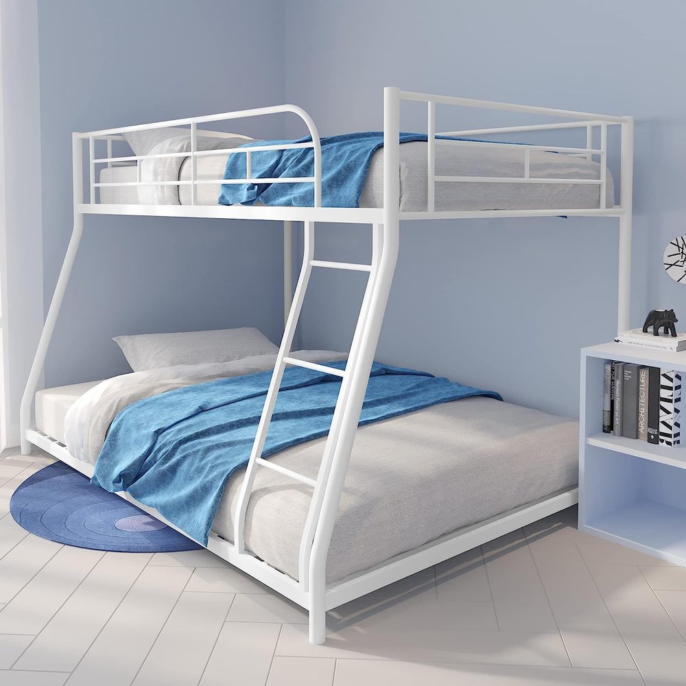 anwickjeff Metal Bunk Beds Twin Over Full Size,Heavy Duty Low Bunkbeds with Ladder & Safety Guard Rails for Kids Boys Girls Teens Adults,Space Saving & No Box Spring Need (White)