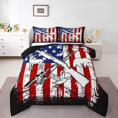 Erosebridal Teen Boys Hunting Fishing Bedding Sets for Men Full Grunge American Flag Comforter Wild Animal Bass Fish Duck Deer Bear Comforter Set Red Blue Black White Quilt Duvet Insert 3 Pcs