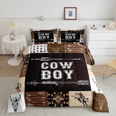 Boys Western Bull Skull Bedding Sets Brown Southwestern Boho Aztec Twin Comforter Set for Men Tribal Arrows Cowboy Quilt Comforter Wild West Longhorn Cattle Quilt Duvet Western Room Decor 2 Pcs