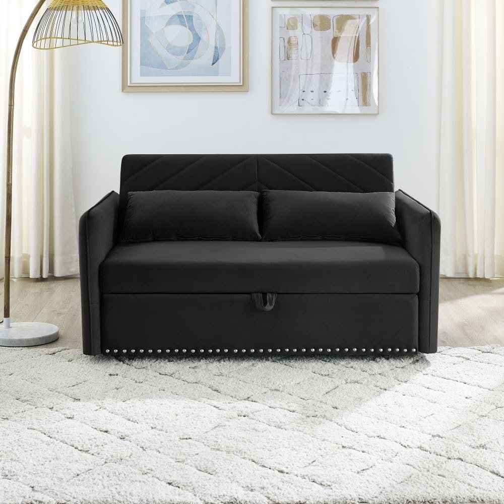 Augensternchen Modern Convertible Velvet Sleeper Sofa Bed, 55" Velvet Sleeper Sofa, Modern Adjustable Pull Out Sofa Bed Casual Recliner Armchair, Riveted Trim, 2 Lumbar Pillows and Arm Pockets