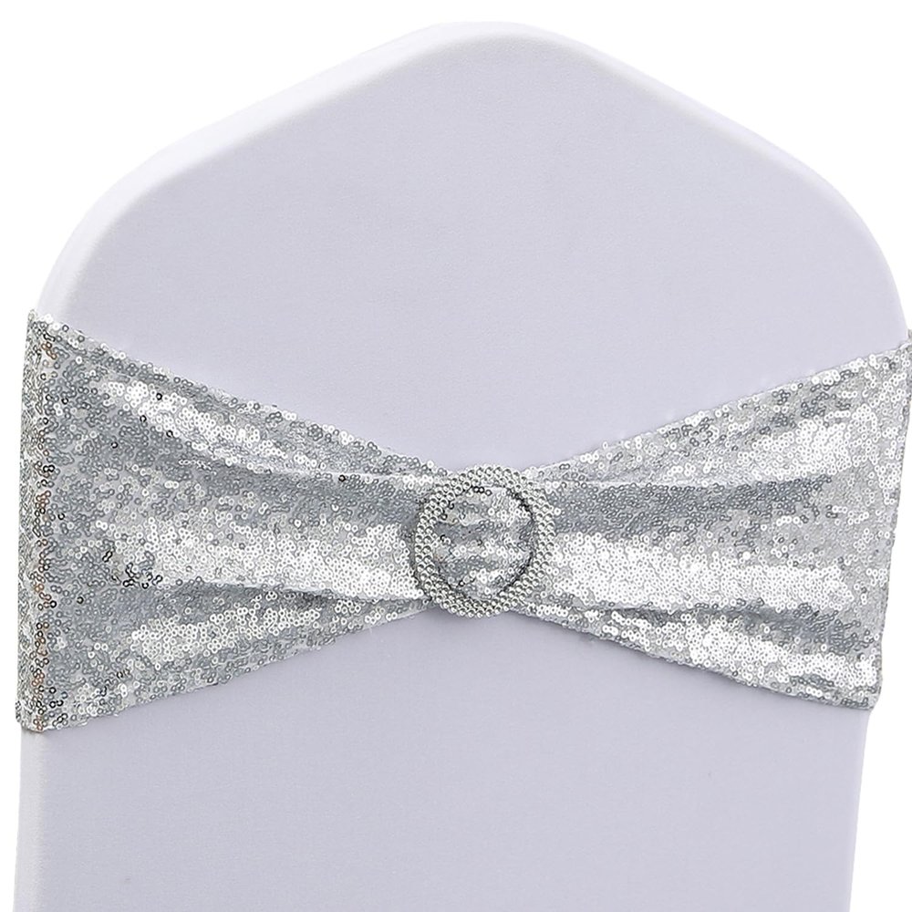 Pack of 100 Sequin Silver Chair Sashes Bows Glitter Chair Bands with Buckle
