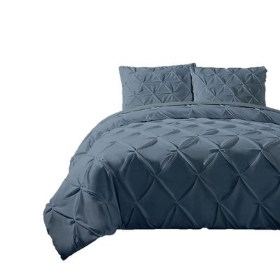 Linen Era Oversized King Plus 120 x 128 Pinch Pleated Duvet Cover Set Steel Blue Cotton with Zipper Closure & Corner Ties 3 Piece