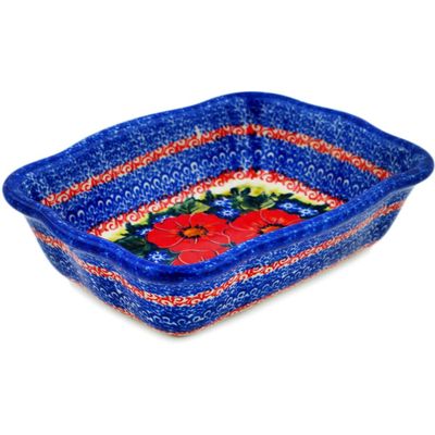 Polmedia Polish Pottery Rectangular Baker UNIKAT - Red Finesy Pattern Handmade in Boleslawiec Poland + Certificate of Authenticity