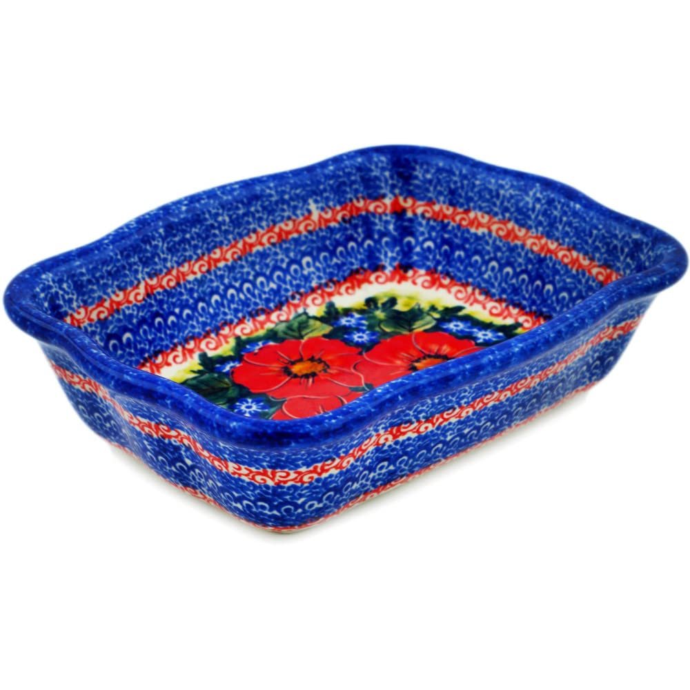 Polmedia Polish Pottery Rectangular Baker UNIKAT - Red Finesy Pattern Handmade in Boleslawiec Poland + Certificate of Authenticity