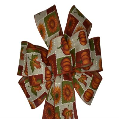 1 Pcs 10" Hand Made Leaf Pumpkin Quilt Wired Wreath Bow Fall Thanksgiving Brown Orange