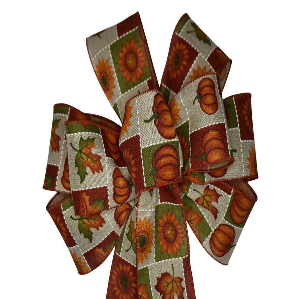 1 Pcs 10" Hand Made Leaf Pumpkin Quilt Wired Wreath Bow Fall Thanksgiving Brown Orange