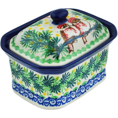 Polmedia Polish Pottery Mini Cake Box 4", Salt Box, UNIKAT - Cozy Bullfinch Pattern Handmade in Boleslawiec Poland by Ceramika Artystyczna + Certificate of Authenticity