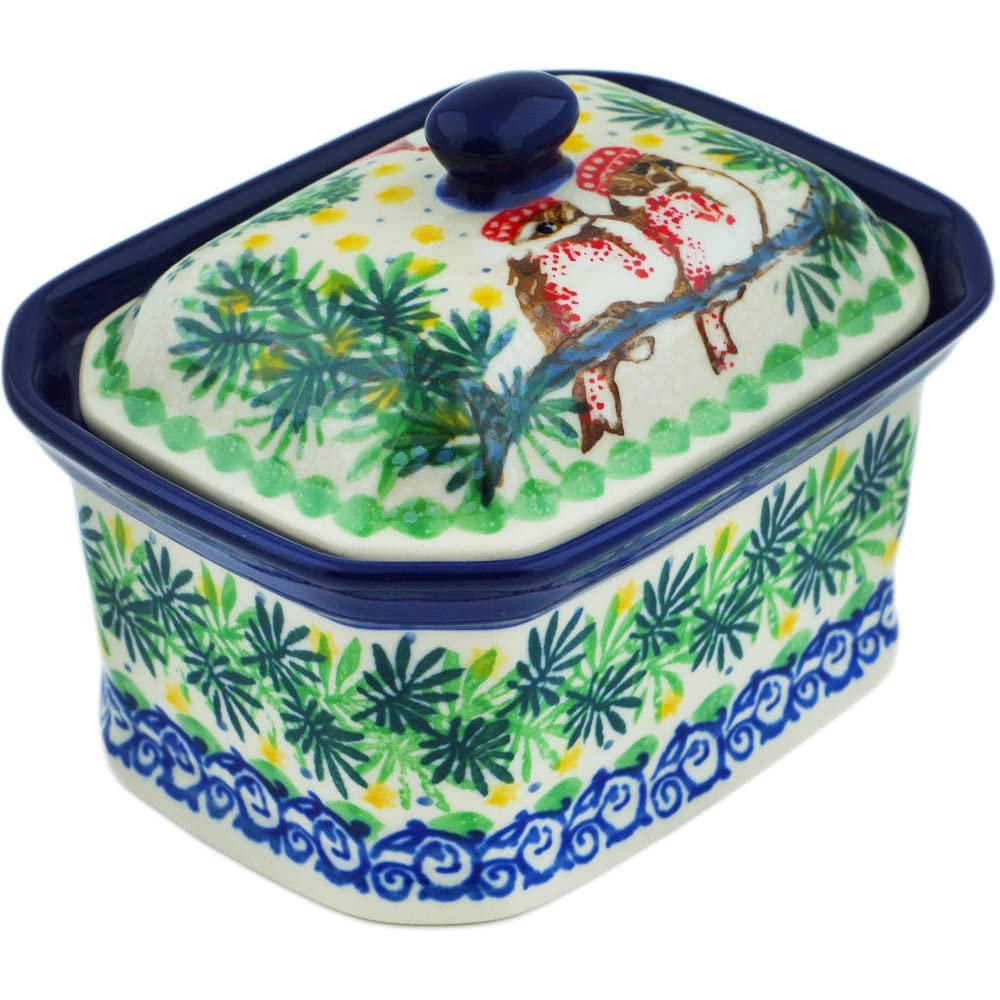 Polmedia Polish Pottery Mini Cake Box 4", Salt Box, UNIKAT - Cozy Bullfinch Pattern Handmade in Boleslawiec Poland by Ceramika Artystyczna + Certificate of Authenticity