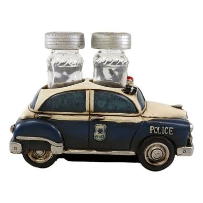 1 Set Of Vintage Blue Police Patrol Car Figurine Holder And Salt Pepper Shakers