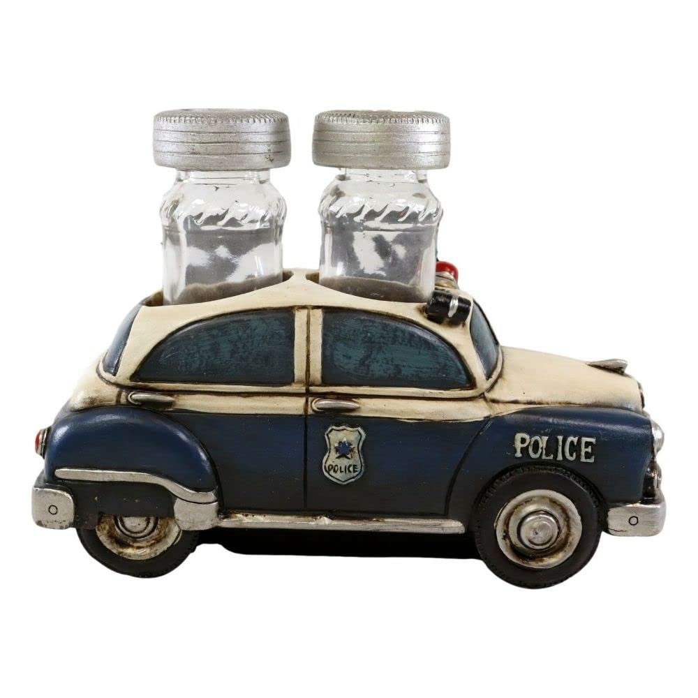 1 Set Of Vintage Blue Police Patrol Car Figurine Holder And Salt Pepper Shakers