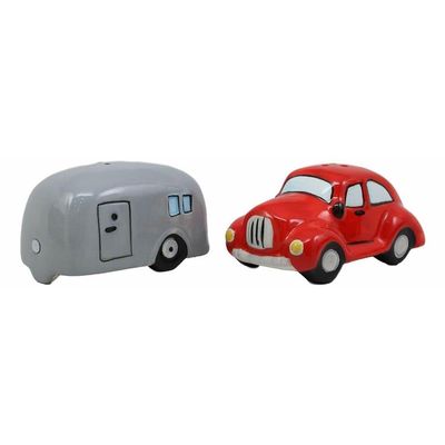 1 Set Of Kissing Red Vintage Car And Grey Camper Trailer Magnetic Salt And Pepper Shakers
