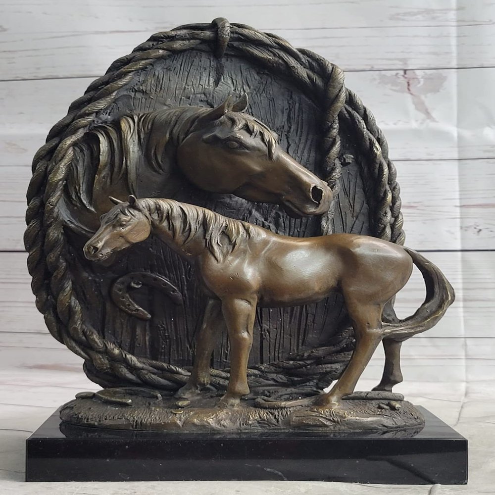 Bronze Horse Heads Bust Statue Stable Equestrian BARN Art Deco Marble Sculpture Decorative Artwork by Think Bronze