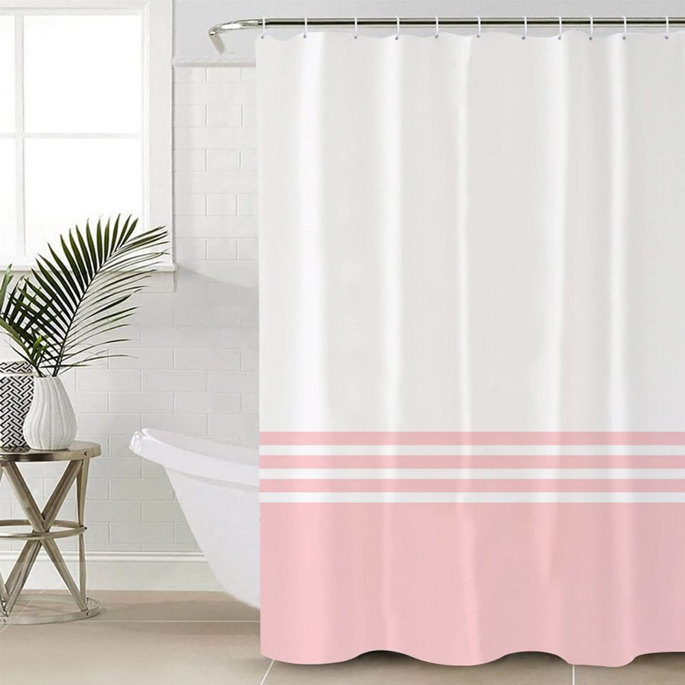 Anzona Pink Color Block Waterproof Shower Curtains Set - Standard 66 x 72 Inch, Simple Line Famrhouse Modern Art Polyester Fabric Bathroom Curtain with 12 Hooks, Bathroom Accessories, 1 Panel