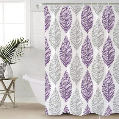 Anzona Purple and Grey Leaf Texture Waterproof Shower Curtains Set - Standard 72 x 72 Inch, Gray Abstract Art Leaves Polyester Fabric Bathroom Curtain with 12 Hooks, Bathroom Accessories, 1 Panel