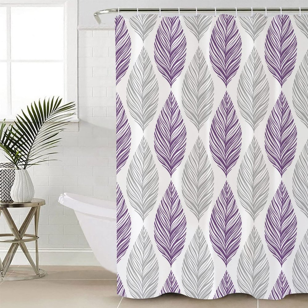 Anzona Purple and Grey Leaf Texture Waterproof Shower Curtains Set - Standard 72 x 72 Inch, Gray Abstract Art Leaves Polyester Fabric Bathroom Curtain with 12 Hooks, Bathroom Accessories, 1 Panel