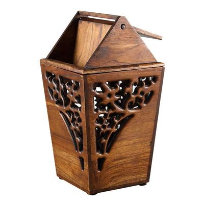 DYPASA Wastepaper Basket Antique Wood Trash bin Shake Cover Teak Waste Bin Hand Hollow Carved Trash Can Indoor Wood Trash Box 3.2 Gallons Garbage Can