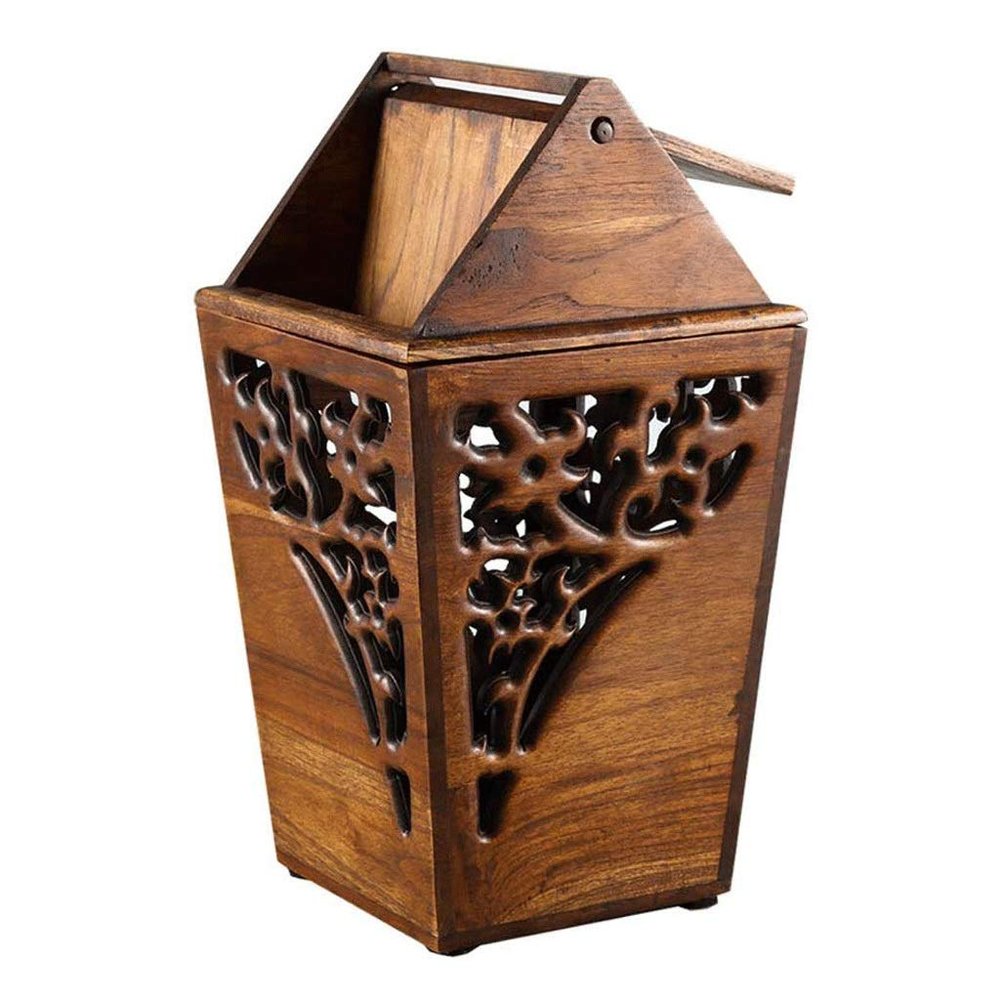 DYPASA Wastepaper Basket Antique Wood Trash bin Shake Cover Teak Waste Bin Hand Hollow Carved Trash Can Indoor Wood Trash Box 3.2 Gallons Garbage Can