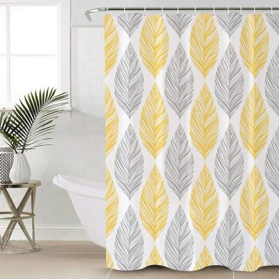 Anzona Yellow and Grey Leaf Texture Waterproof Shower Curtains Set - Stall 54 x 78 Inch, Abstract Art Leaves Polyester Fabric Bathroom Curtain with 12 Hooks, Bathroom Accessories, 1 Panel