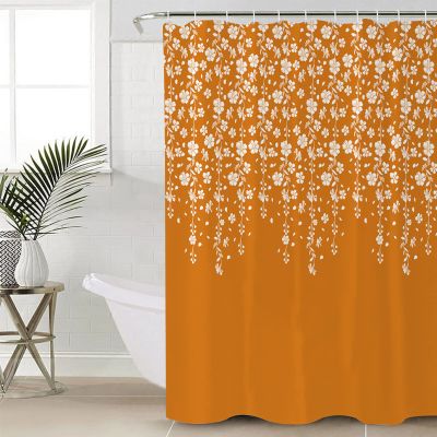 Anzona Burnt Orange Florals Waterproof Shower Curtains Set - Standard 66 x 72 Inch, Orange Weeping Flowers Polyester Fabric Bathroom Curtain with 12 Hooks, Bathroom Accessories, 1 Panel