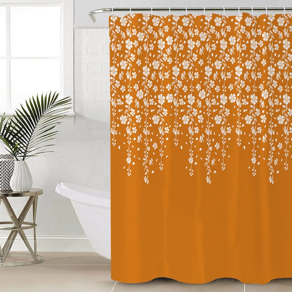 Anzona Burnt Orange Florals Waterproof Shower Curtains Set - Standard 66 x 72 Inch, Orange Weeping Flowers Polyester Fabric Bathroom Curtain with 12 Hooks, Bathroom Accessories, 1 Panel