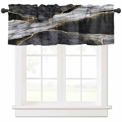 Savannan Curtains Valances Abstract Marble Gold Black White Rod Pocket Short Window Valances Cafe Curtain for Kitchen Bedroom Bathroom, 1 Panel, 54'' W x 18'' L