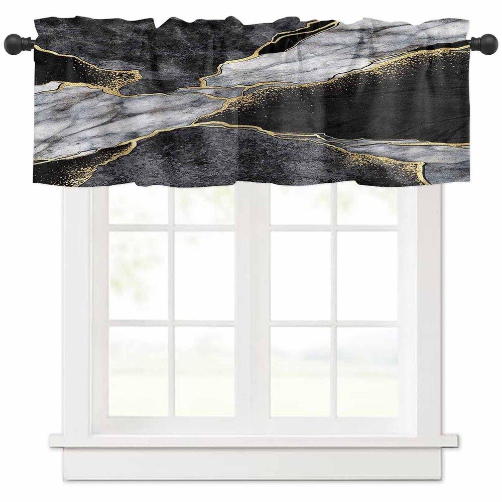 Savannan Curtains Valances Abstract Marble Gold Black White Rod Pocket Short Window Valances Cafe Curtain for Kitchen Bedroom Bathroom, 1 Panel, 54'' W x 18'' L