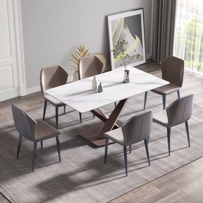 63" Marble Dining Table for 6, Contemporary Rectangular Kitchen Table with 4.72 Thick Sintered Stone Top Metal X-shape Pedestal Base, Table for Dining Room, Kitchen (Rose Gold Leg, 63 " Width)