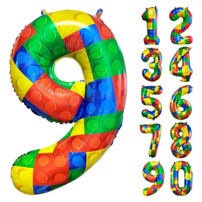 32 Inch Building Block Number 9 Balloons 9 year birthday Block Themed Large Big Helium Foil Mylar Balloon for Girls Boys 9 th Birthday Party Decoration Supplies