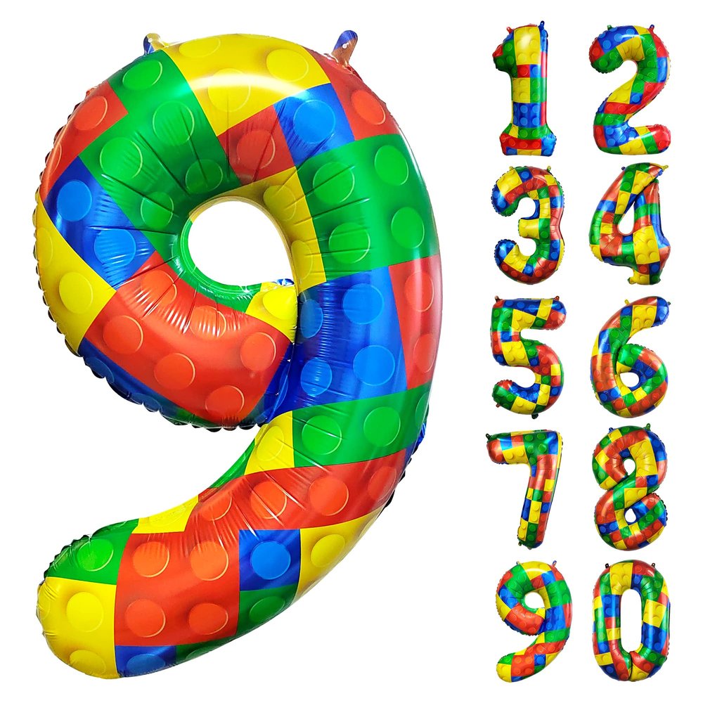 32 Inch Building Block Number 9 Balloons 9 year birthday Block Themed Large Big Helium Foil Mylar Balloon for Girls Boys 9 th Birthday Party Decoration Supplies