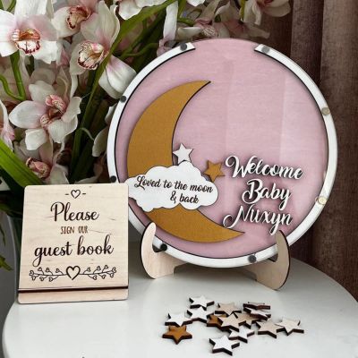 Personalized Wedding Wooden Guest Book: Creative Acrylic Custom Name Alternative Inserts Box DIY Custom Rustic Wedding Heart Drop Guest Book for Graduation Anniversary Wedding Decor (Moon Star)