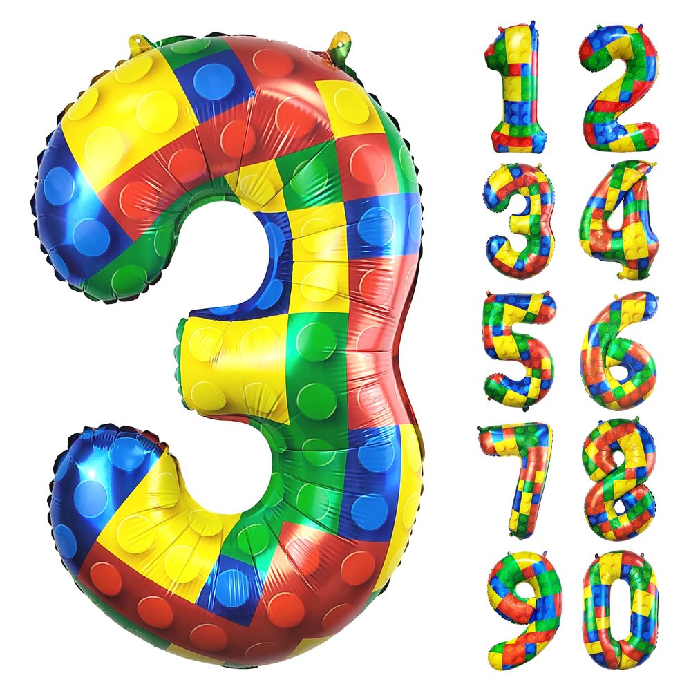32 Inch Building Block Number 3 Balloons 3 year old Large Big Helium Foil Mylar Balloon for Girls Boys 3rd Birthday Party Decoration Supplies