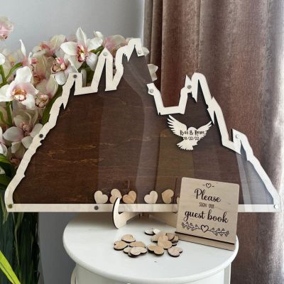 Personalized Wedding Wooden Guest Book: Creative Acrylic Custom Name Alternative Inserts Box DIY Custom Rustic Wedding Heart Drop Guest Book for Graduation Anniversary Wedding Decor (Alpine and Eagle)