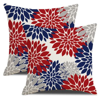 Blue and Red Dahlia Flower Throw Pillow Covers 18x18 Inch 4th of July Decorations Pillows Cover 18x18 inch Set of 2 Patriotic Memorial Day Farmhouse Linen Pillow Case for Outdoor Couch Bed Sofa Decor