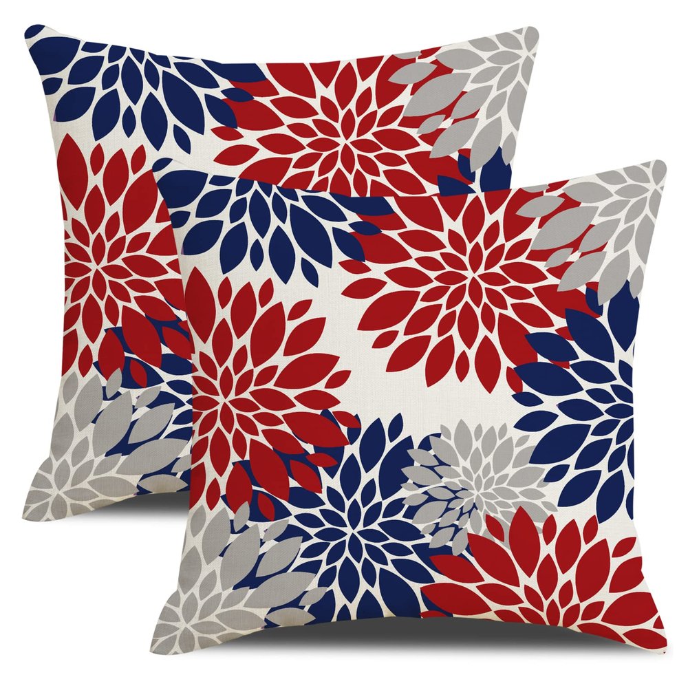 Blue and Red Dahlia Flower Throw Pillow Covers 18x18 Inch 4th of July Decorations Pillows Cover 18x18 inch Set of 2 Patriotic Memorial Day Farmhouse Linen Pillow Case for Outdoor Couch Bed Sofa Decor
