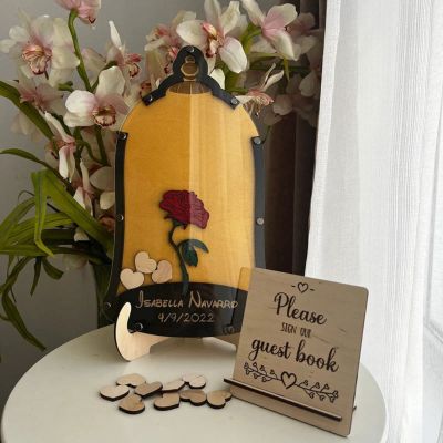 Personalized Wedding Wooden Guest Book: Creative Acrylic Custom Name Alternative Inserts Box DIY Custom Rustic Wedding Heart Drop Guest Book for Graduation Anniversary Wedding Decor (Rosewood)