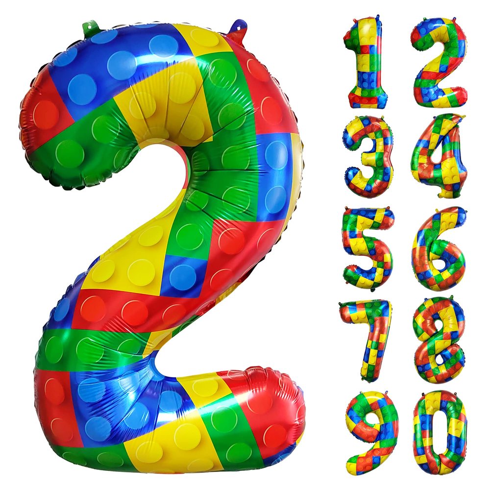 32 Inch Building Block Number 2 Balloons 2 Years Old Balloons Large Big Helium Foil Mylar Balloon for 2nd Birthday Party Decoration Supplies
