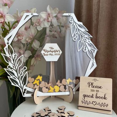 Personalized Wedding Wooden Guest Book: Creative Acrylic Custom Name Alternative Inserts Box DIY Custom Rustic Wedding Heart Drop Guest Book for Graduation Anniversary Wedding Decor (Flower Hexagon)