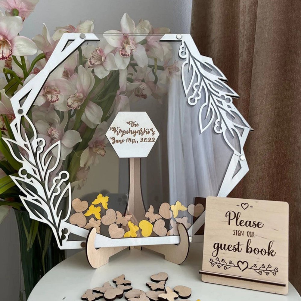 Personalized Wedding Wooden Guest Book: Creative Acrylic Custom Name Alternative Inserts Box DIY Custom Rustic Wedding Heart Drop Guest Book for Graduation Anniversary Wedding Decor (Flower Hexagon)